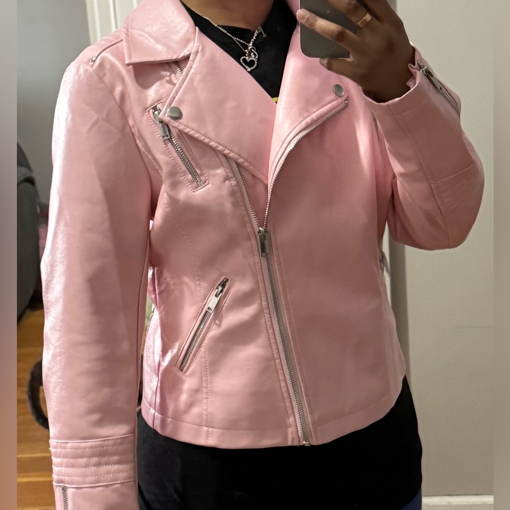 Fahsyee Pink Faux Leather Biker Jacket Women’s M Cropped Biker Y2K